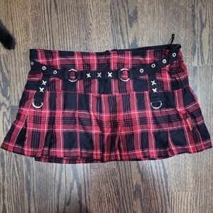 Tripp NYC Red and Black Plaid Pleated Mini Skirt with Grommet Belt